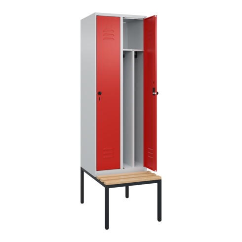 C+P Spind Classic PLUS, Bank, 2 Abteile, 2120x600x815mm, 7035/3020 Verschluss Sicherheits-Drehriegel 4 Garderobenhaken Trennwand mittig  Sitzbanktyp untergebaut