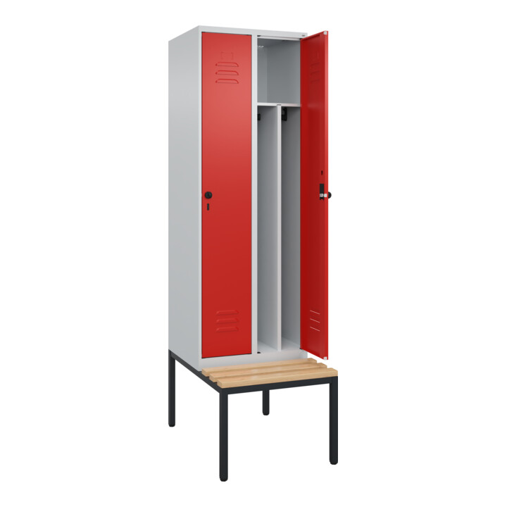 C+P Spind Classic PLUS, Bank, 2 Abteile, 2120x600x815mm, 7035/3020 Verschluss Sicherheits-Drehriegel 4 Garderobenhaken Trennwand mittig  Sitzbanktyp untergebaut