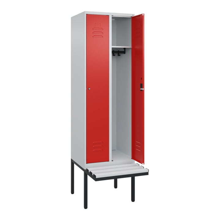 C+P Spind Classic PLUS, Bank, 2 Abteile, 2120x600x815mm, 7035/3020 Verschluss Zylinderschloss 3 Garderobenhaken  Dekor Banklatten RAL 7035 Lichtgrau Sitzbanktyp auskragend
