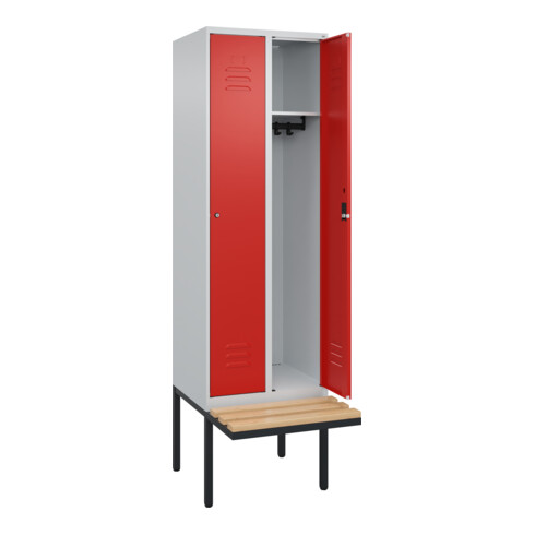 C+P Spind Classic PLUS, Bank, 2 Abteile, 2120x600x815mm, 7035/3020 Verschluss Zylinderschloss 3 Garderobenhaken   Sitzbanktyp auskragend