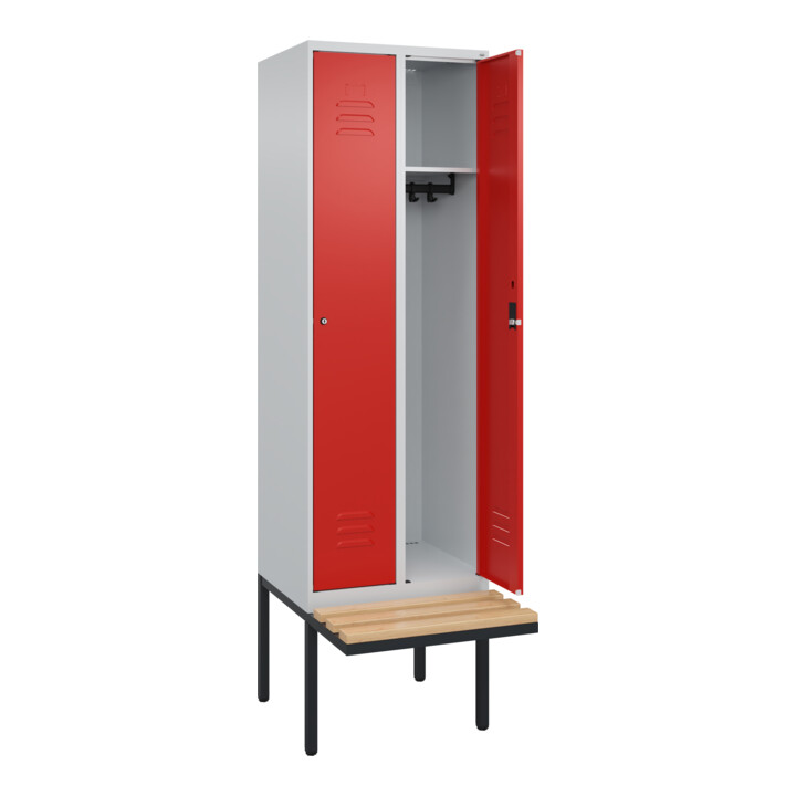C+P Spind Classic PLUS, Bank, 2 Abteile, 2120x600x815mm, 7035/3020 Verschluss Zylinderschloss 3 Garderobenhaken   Sitzbanktyp auskragend
