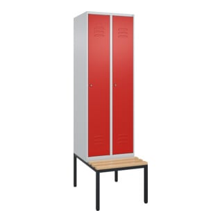 C+P Spind Classic PLUS, Bank, 2 Abteile, 2120x600x815mm, 7035/3020 Verschluss Zylinderschloss 3 Garderobenhaken   Sitzbanktyp untergebaut