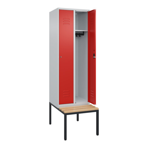 C+P Spind Classic PLUS, Bank, 2 Abteile, 2120x600x815mm, 7035/3020 Verschluss Zylinderschloss 3 Garderobenhaken   Sitzbanktyp untergebaut