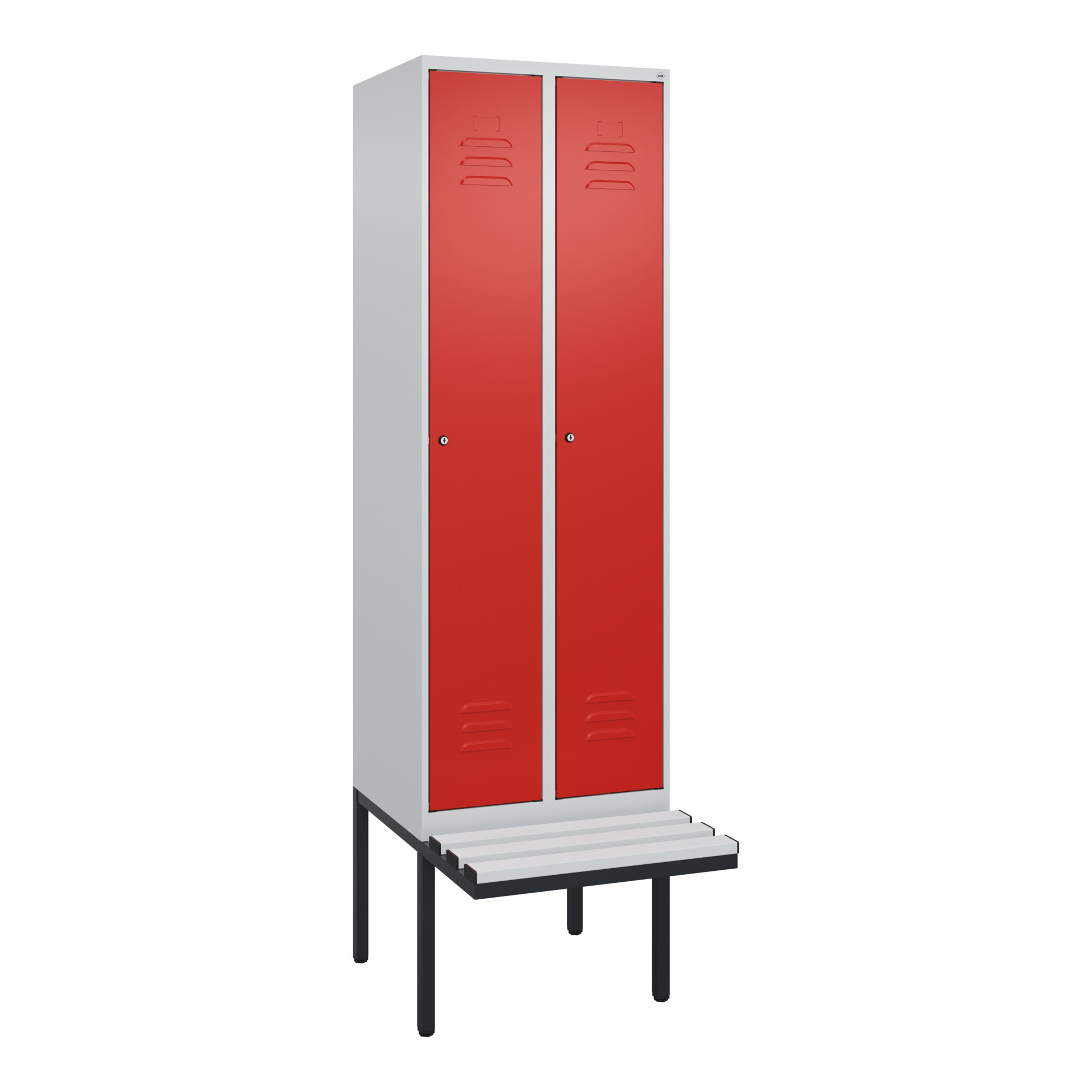 C+P Spind Classic PLUS, Bank, 2 Abteile, 2120x600x815mm, 7035/3020 Verschluss Zylinderschloss 4 Garderobenhaken Trennwand mittig Dekor Banklatten RAL