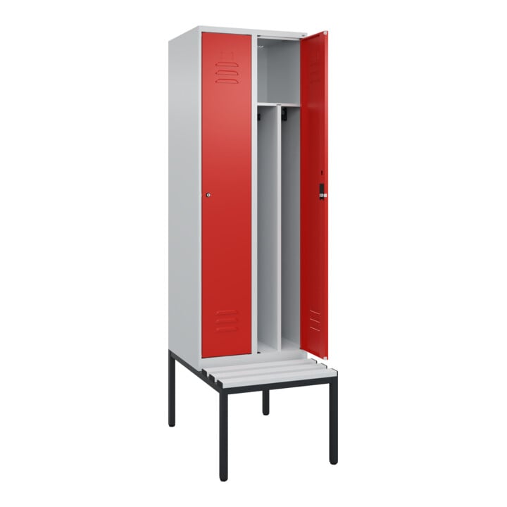 C+P Spind Classic PLUS, Bank, 2 Abteile, 2120x600x815mm, 7035/3020 Verschluss Zylinderschloss 4 Garderobenhaken Trennwand mittig Dekor Banklatten RAL 7035 Lichtgrau Sitzbanktyp untergebaut