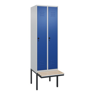C+P Spind Classic PLUS, Bank, 2 Abteile, 2120x600x815mm, 7035/5010 Verschluss Sicherheits-Drehriegel 4 Garderobenhaken Trennwand mittig Dekor Banklatten RAL 7035 Lichtgrau Sitzbanktyp auskragend