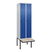 C+P Spind Classic PLUS, Bank, 2 Abteile, 2120x600x815mm, 7035/5010 Verschluss Sicherheits-Drehriegel 4 Garderobenhaken Trennwand mittig Dekor Banklatten RAL 7035 Lichtgrau Sitzbanktyp auskragend