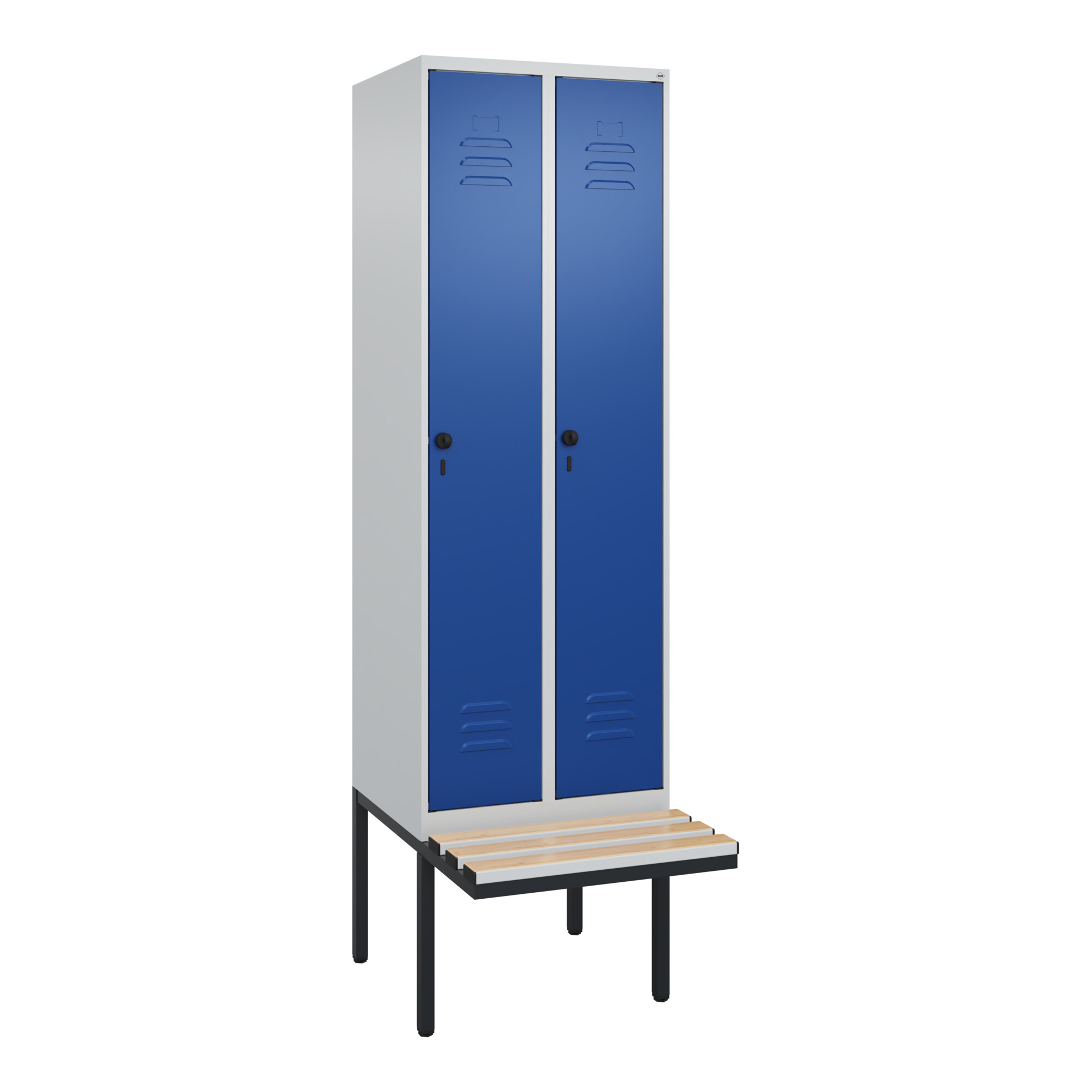 C+P Spind Classic PLUS, Bank, 2 Abteile, 2120x600x815mm, 7035/5010 Verschluss Sicherheits-Drehriegel 4 Garderobenhaken Trennwand mittig Dekor Banklatt