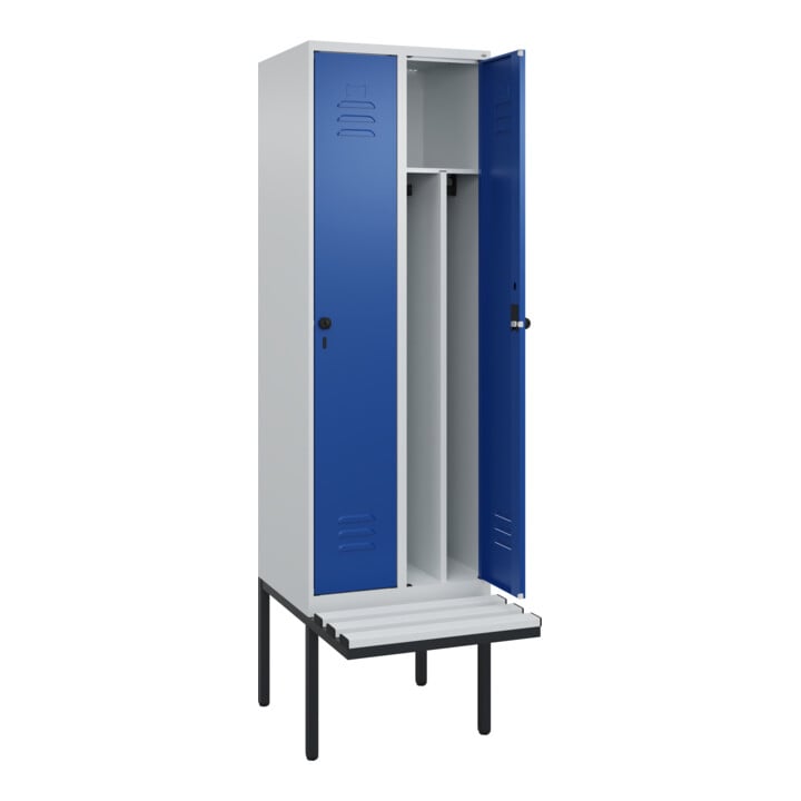 C+P Spind Classic PLUS, Bank, 2 Abteile, 2120x600x815mm, 7035/5010 Verschluss Sicherheits-Drehriegel 4 Garderobenhaken Trennwand mittig Dekor Banklatten RAL 7035 Lichtgrau Sitzbanktyp auskragend
