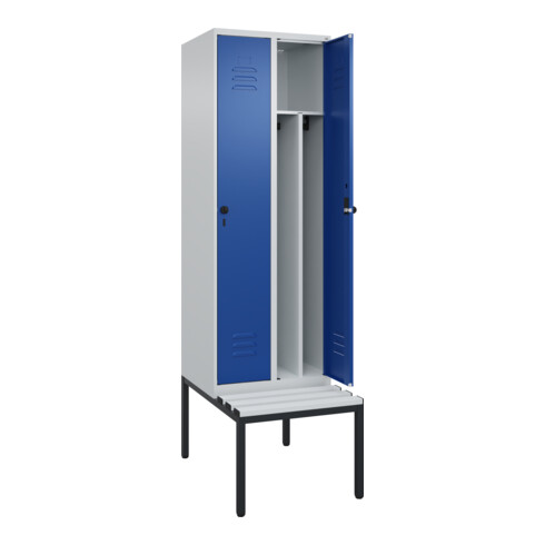 C+P Spind Classic PLUS, Bank, 2 Abteile, 2120x600x815mm, 7035/5010 Verschluss Sicherheits-Drehriegel 4 Garderobenhaken Trennwand mittig Dekor Banklatten RAL 7035 Lichtgrau Sitzbanktyp untergebaut
