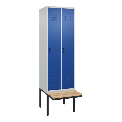 C+P Spind Classic PLUS, Bank, 2 Abteile, 2120x600x815mm, 7035/5010 Verschluss Sicherheits-Drehriegel 4 Garderobenhaken Trennwand mittig  Sitzbanktyp auskragend