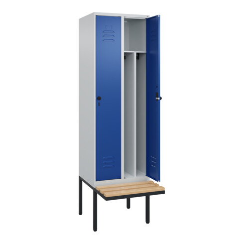 C+P Spind Classic PLUS, Bank, 2 Abteile, 2120x600x815mm, 7035/5010 Verschluss Sicherheits-Drehriegel 4 Garderobenhaken Trennwand mittig  Sitzbanktyp auskragend