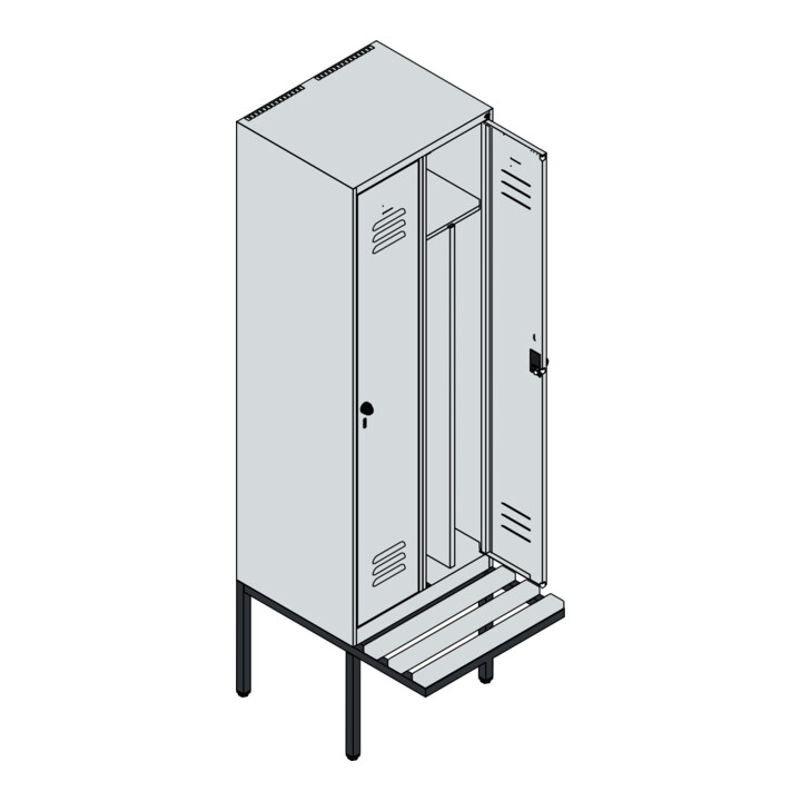 C+P Spind Classic PLUS, Bank, 2 Abteile, 2120x600x815mm, 7035/5010 Verschluss Sicherheits-Drehriegel 4 Garderobenhaken Trennwand mittig  Sitzbanktyp auskragend