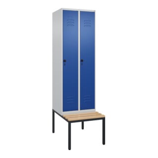 C+P Spind Classic PLUS, Bank, 2 Abteile, 2120x600x815mm, 7035/5010 Verschluss Sicherheits-Drehriegel 4 Garderobenhaken Trennwand mittig  Sitzbanktyp untergebaut