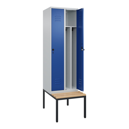 C+P Spind Classic PLUS, Bank, 2 Abteile, 2120x600x815mm, 7035/5010 Verschluss Sicherheits-Drehriegel 4 Garderobenhaken Trennwand mittig  Sitzbanktyp untergebaut