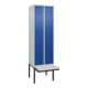 C+P Spind Classic PLUS, Bank, 2 Abteile, 2120x600x815mm, 7035/5010 Verschluss Zylinderschloss 3 Garderobenhaken  Dekor Banklatten RAL 7035 Lichtgrau Sitzbanktyp auskragend-1