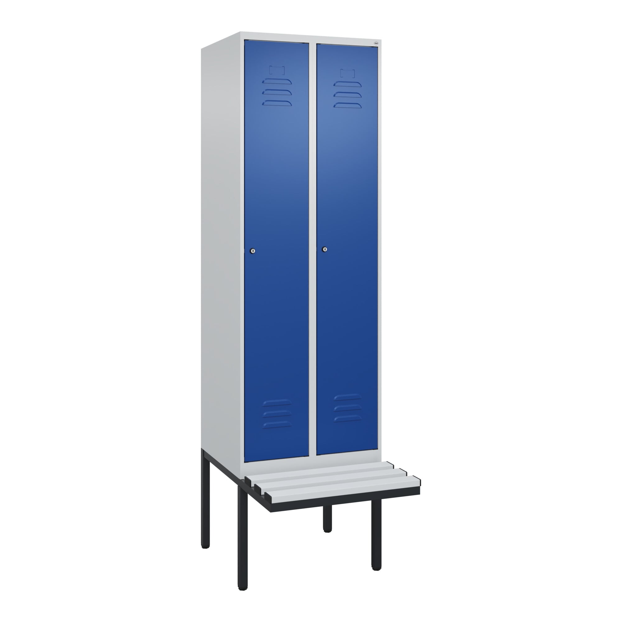 C+P Spind Classic PLUS, Bank, 2 Abteile, 2120x600x815mm, 7035/5010 Verschluss Zylinderschloss 3 Garderobenhaken Dekor Banklatten RAL 7035 Lichtgrau S