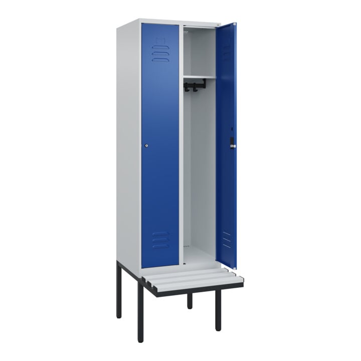 C+P Spind Classic PLUS, Bank, 2 Abteile, 2120x600x815mm, 7035/5010 Verschluss Zylinderschloss 3 Garderobenhaken  Dekor Banklatten RAL 7035 Lichtgrau Sitzbanktyp auskragend