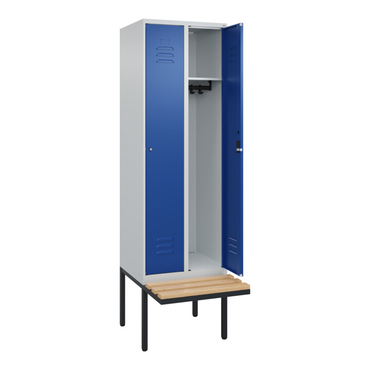 C+P Spind Classic PLUS, Bank, 2 Abteile, 2120x600x815mm, 7035/5010 Verschluss Zylinderschloss 3 Garderobenhaken   Sitzbanktyp auskragend