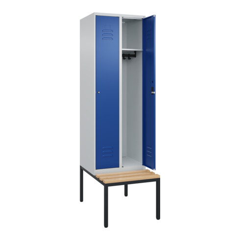 C+P Spind Classic PLUS, Bank, 2 Abteile, 2120x600x815mm, 7035/5010 Verschluss Zylinderschloss 3 Garderobenhaken   Sitzbanktyp untergebaut