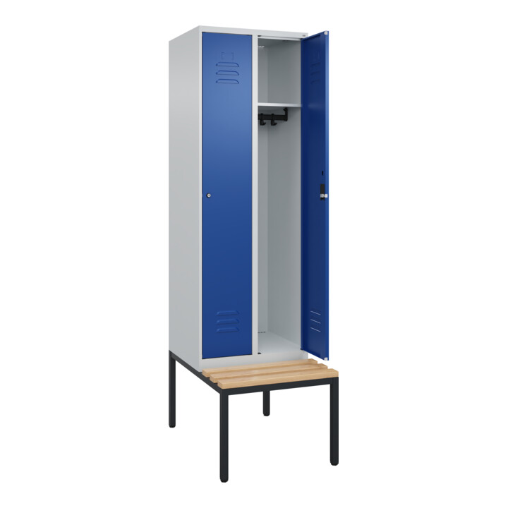 C+P Spind Classic PLUS, Bank, 2 Abteile, 2120x600x815mm, 7035/5010 Verschluss Zylinderschloss 3 Garderobenhaken   Sitzbanktyp untergebaut