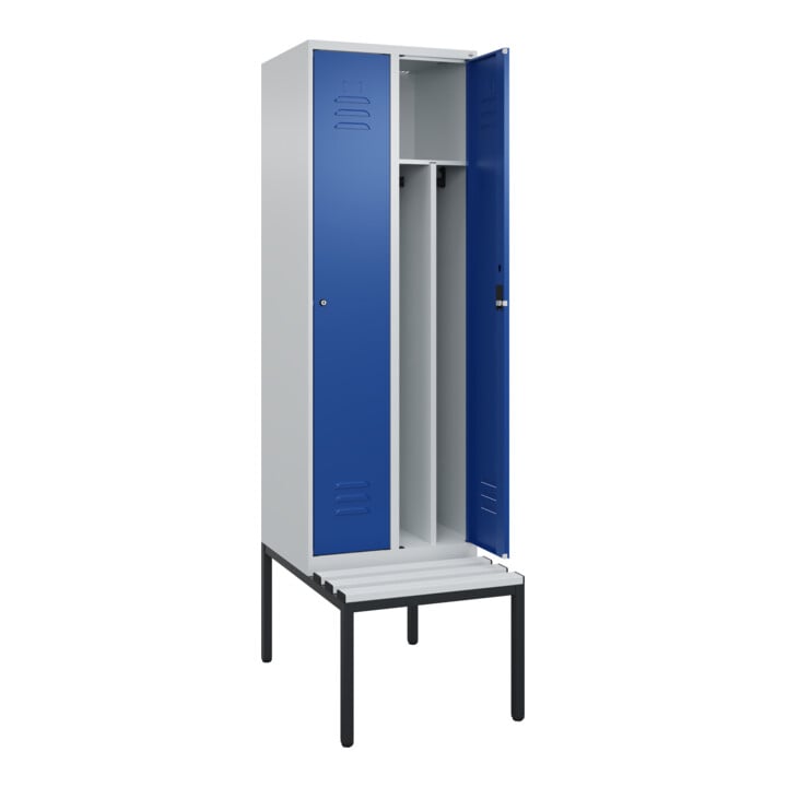 C+P Spind Classic PLUS, Bank, 2 Abteile, 2120x600x815mm, 7035/5010 Verschluss Zylinderschloss 4 Garderobenhaken Trennwand mittig Dekor Banklatten RAL 7035 Lichtgrau Sitzbanktyp untergebaut