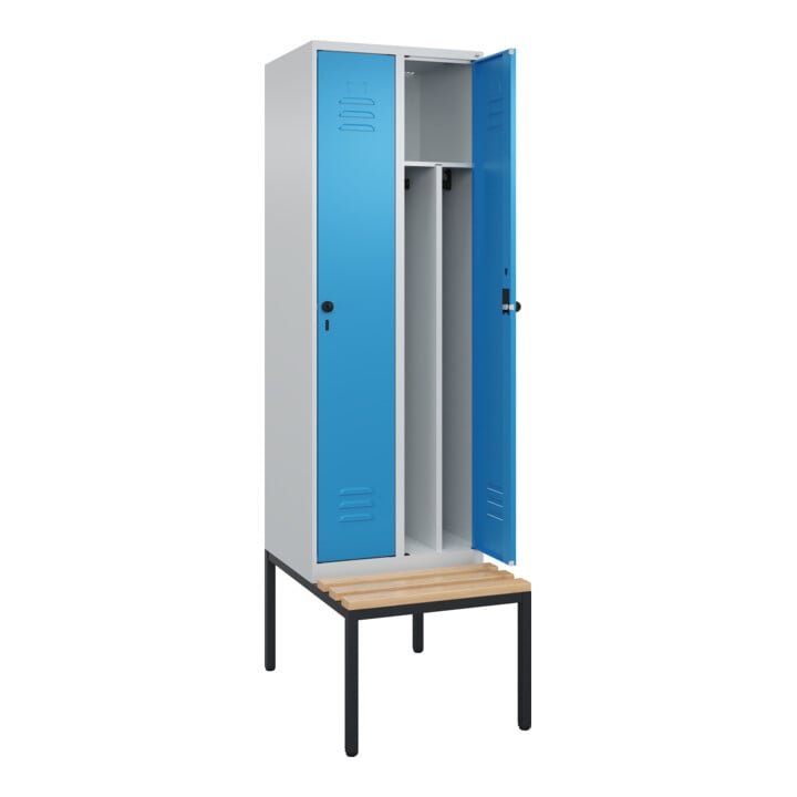 C+P Spind Classic PLUS, Bank, 2 Abteile, 2120x600x815mm, 7035/5012 Verschluss Sicherheits-Drehriegel 4 Garderobenhaken Trennwand mittig  Sitzbanktyp untergebaut