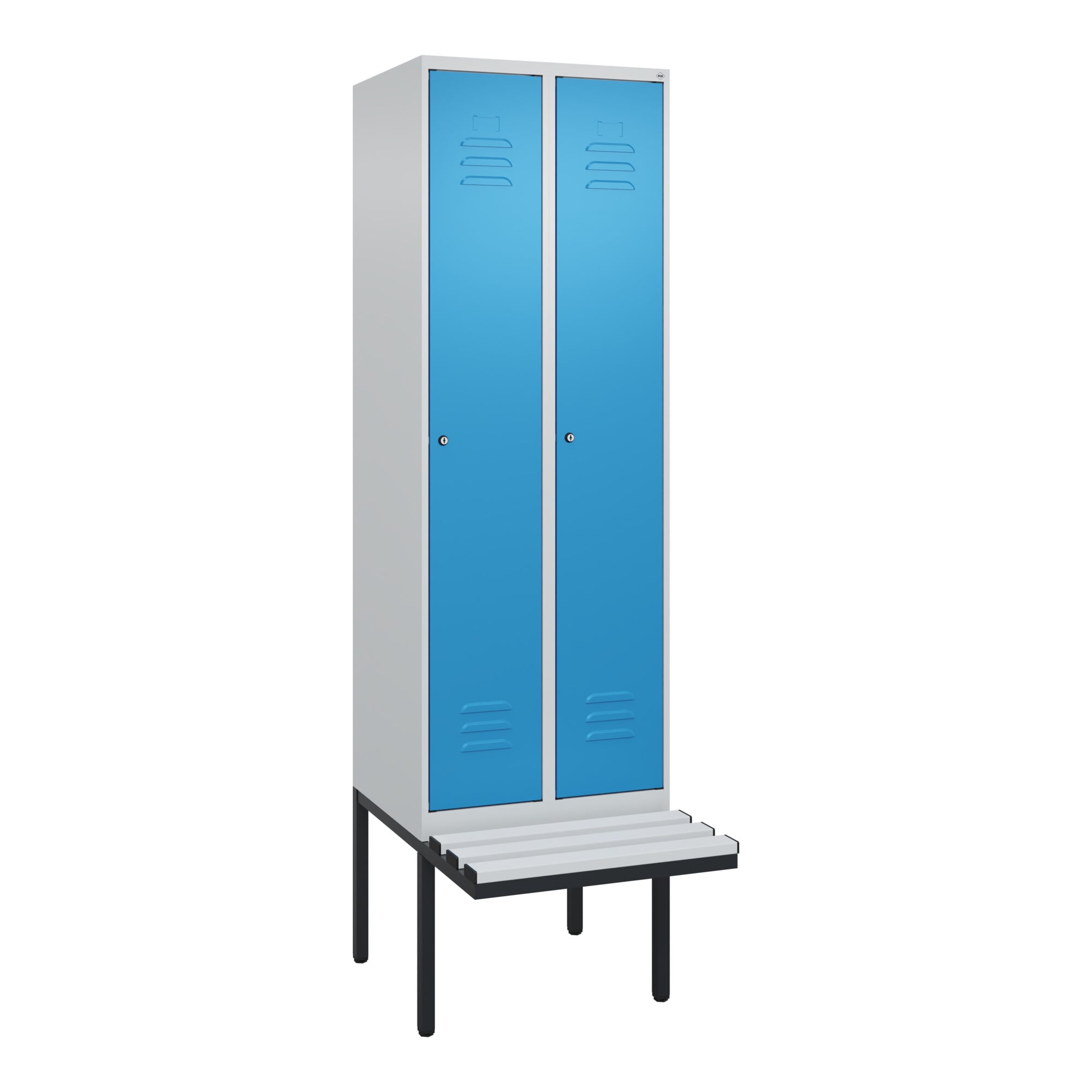C+P Spind Classic PLUS, Bank, 2 Abteile, 2120x600x815mm, 7035/5012 Verschluss Zylinderschloss 3 Garderobenhaken Dekor Banklatten RAL 7035 Lichtgrau S