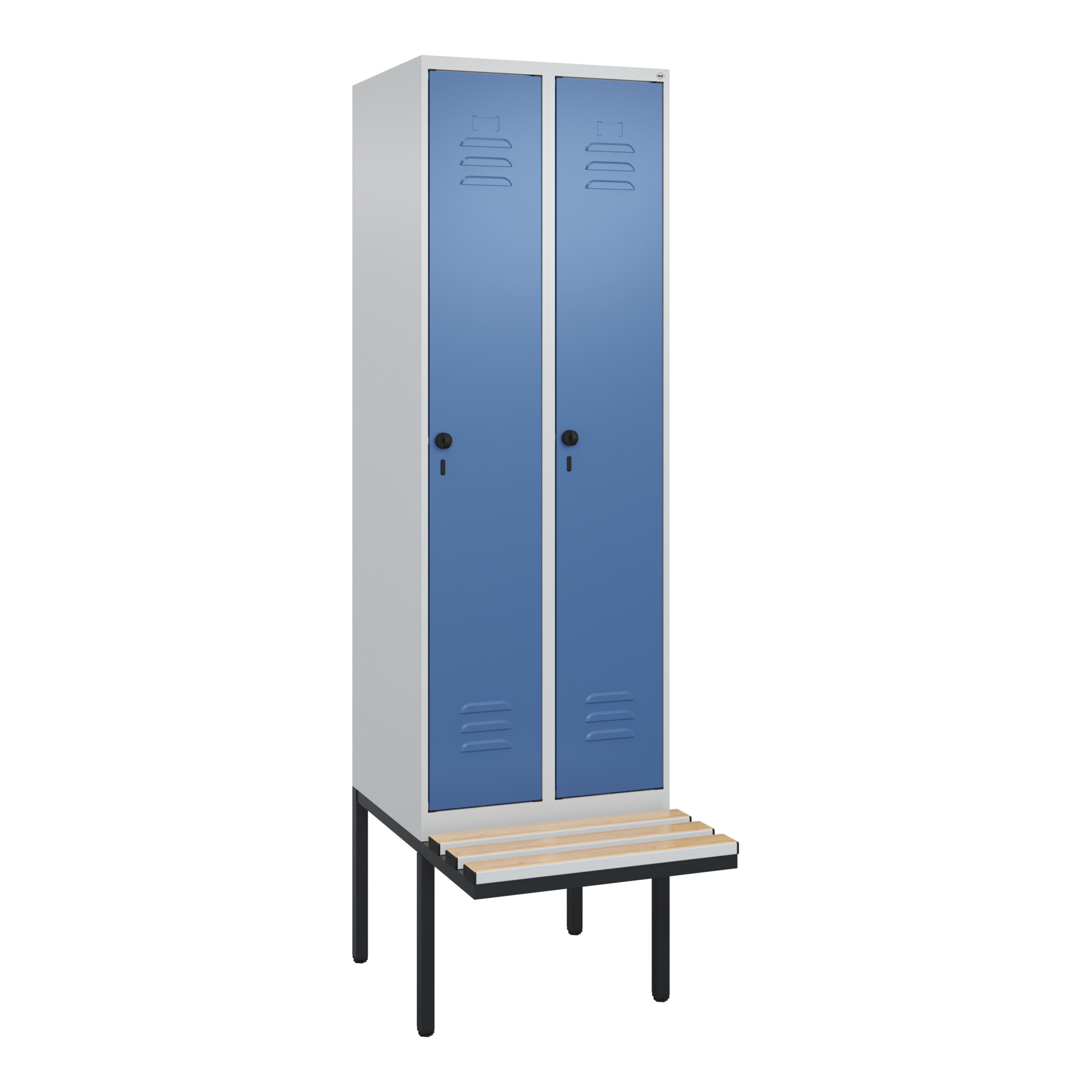 C+P Spind Classic PLUS, Bank, 2 Abteile, 2120x600x815mm, 7035/5023 Verschluss Sicherheits-Drehriegel 4 Garderobenhaken Trennwand mittig Dekor Banklatt
