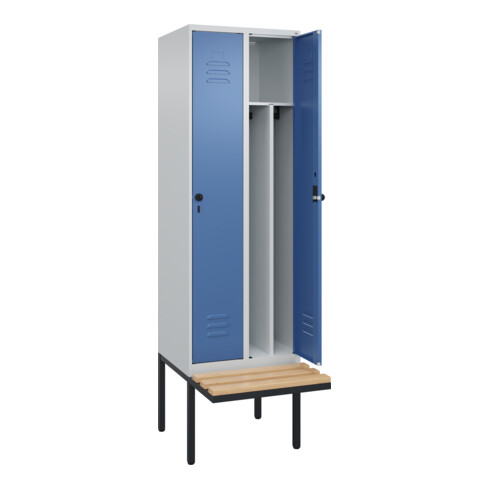 C+P Spind Classic PLUS, Bank, 2 Abteile, 2120x600x815mm, 7035/5023 Verschluss Sicherheits-Drehriegel 4 Garderobenhaken Trennwand mittig  Sitzbanktyp auskragend