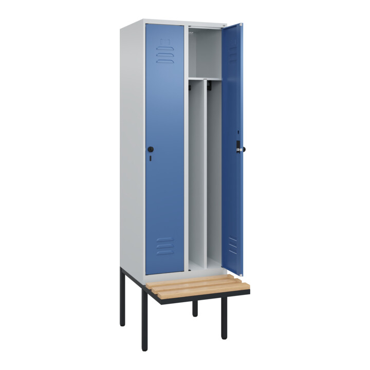 C+P Spind Classic PLUS, Bank, 2 Abteile, 2120x600x815mm, 7035/5023 Verschluss Sicherheits-Drehriegel 4 Garderobenhaken Trennwand mittig  Sitzbanktyp auskragend