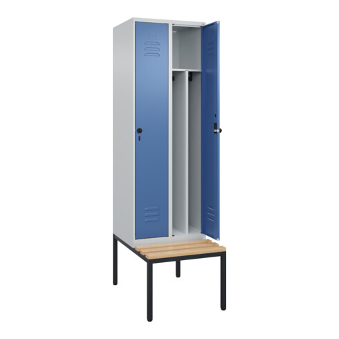 C+P Spind Classic PLUS, Bank, 2 Abteile, 2120x600x815mm, 7035/5023 Verschluss Sicherheits-Drehriegel 4 Garderobenhaken Trennwand mittig  Sitzbanktyp untergebaut