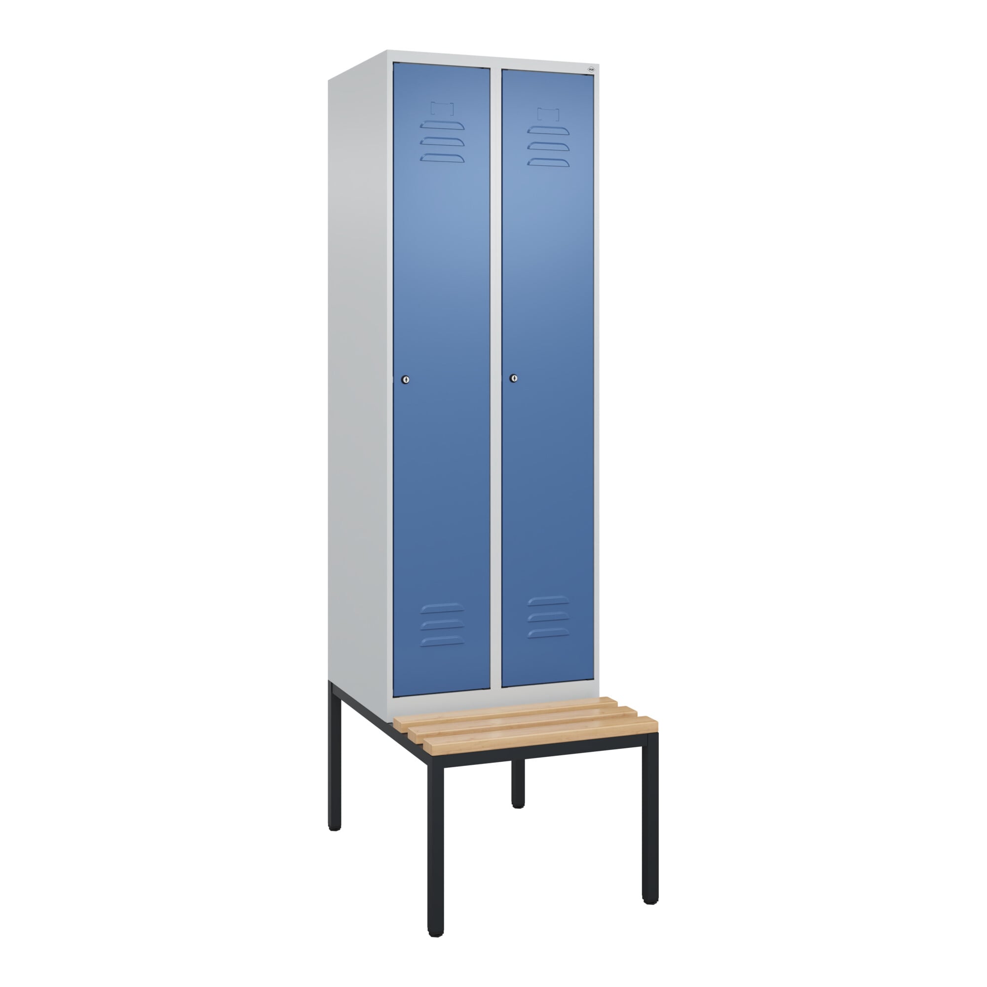 C+P Spind Classic PLUS, Bank, 2 Abteile, 2120x600x815mm, 7035/5023 Verschluss Zylinderschloss 3 Garderobenhaken Sitzbanktyp untergebaut ; C + P Möbe