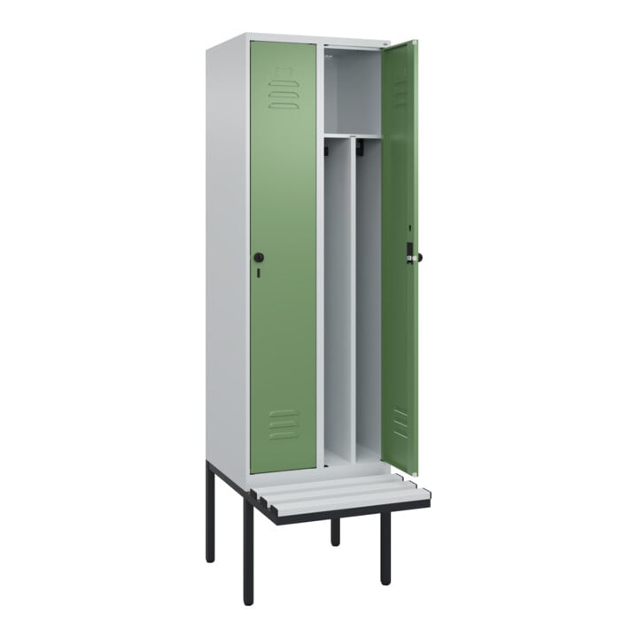 C+P Spind Classic PLUS, Bank, 2 Abteile, 2120x600x815mm, 7035/6011 Verschluss Sicherheits-Drehriegel 4 Garderobenhaken Trennwand mittig Dekor Banklatten RAL 7035 Lichtgrau Sitzbanktyp auskragend