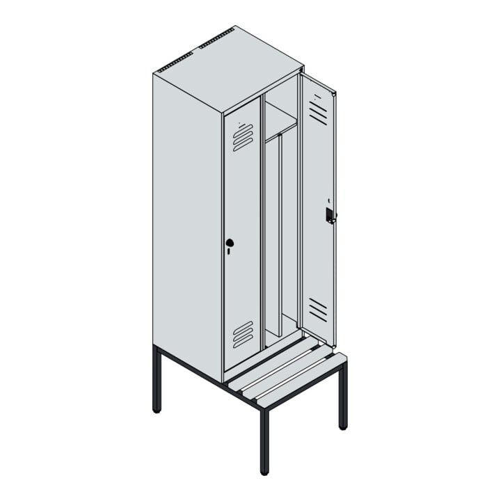 C+P Spind Classic PLUS, Bank, 2 Abteile, 2120x600x815mm, 7035/6011 Verschluss Sicherheits-Drehriegel 4 Garderobenhaken Trennwand mittig Dekor Banklatten RAL 7035 Lichtgrau Sitzbanktyp untergebaut
