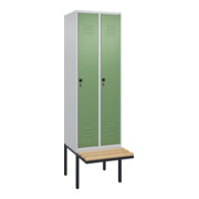 C+P Spind Classic PLUS, Bank, 2 Abteile, 2120x600x815mm, 7035/6011 Verschluss Sicherheits-Drehriegel 4 Garderobenhaken Trennwand mittig  Sitzbanktyp auskragend