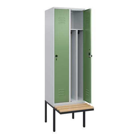 C+P Spind Classic PLUS, Bank, 2 Abteile, 2120x600x815mm, 7035/6011 Verschluss Sicherheits-Drehriegel 4 Garderobenhaken Trennwand mittig  Sitzbanktyp auskragend
