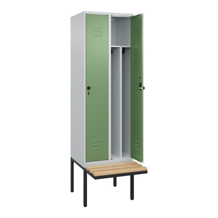 C+P Spind Classic PLUS, Bank, 2 Abteile, 2120x600x815mm, 7035/6011 Verschluss Sicherheits-Drehriegel 4 Garderobenhaken Trennwand mittig  Sitzbanktyp auskragend