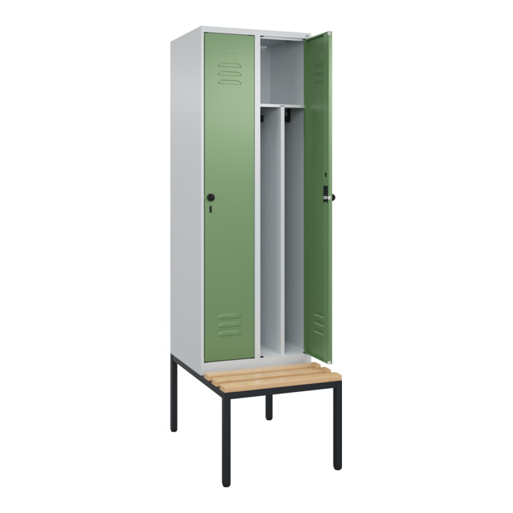 C+P Spind Classic PLUS, Bank, 2 Abteile, 2120x600x815mm, 7035/6011 Verschluss Sicherheits-Drehriegel 4 Garderobenhaken Trennwand mittig  Sitzbanktyp untergebaut