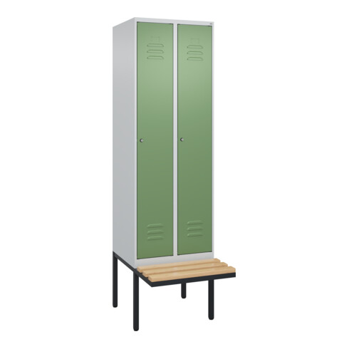 C+P Spind Classic PLUS, Bank, 2 Abteile, 2120x600x815mm, 7035/6011 Verschluss Zylinderschloss 3 Garderobenhaken   Sitzbanktyp auskragend