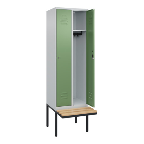 C+P Spind Classic PLUS, Bank, 2 Abteile, 2120x600x815mm, 7035/6011 Verschluss Zylinderschloss 3 Garderobenhaken   Sitzbanktyp auskragend