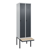 C+P Spind Classic PLUS, Bank, 2 Abteile, 2120x600x815mm, 7035/7016 Verschluss Sicherheits-Drehriegel 4 Garderobenhaken Trennwand mittig Dekor Banklatten RAL 7035 Lichtgrau Sitzbanktyp auskragend