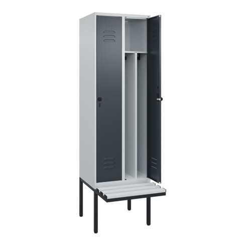 C+P Spind Classic PLUS, Bank, 2 Abteile, 2120x600x815mm, 7035/7016 Verschluss Sicherheits-Drehriegel 4 Garderobenhaken Trennwand mittig Dekor Banklatten RAL 7035 Lichtgrau Sitzbanktyp auskragend