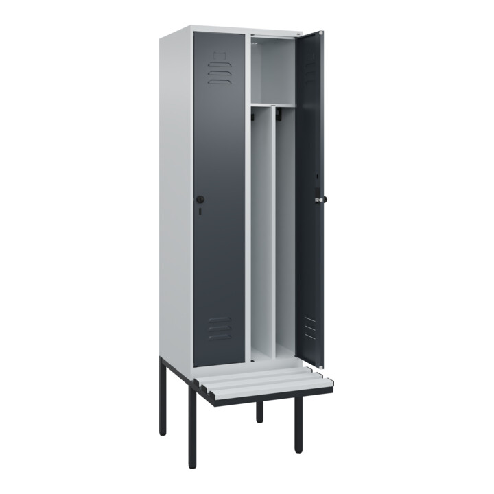 C+P Spind Classic PLUS, Bank, 2 Abteile, 2120x600x815mm, 7035/7016 Verschluss Sicherheits-Drehriegel 4 Garderobenhaken Trennwand mittig Dekor Banklatten RAL 7035 Lichtgrau Sitzbanktyp auskragend