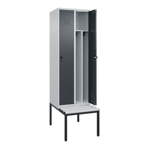 C+P Spind Classic PLUS, Bank, 2 Abteile, 2120x600x815mm, 7035/7016 Verschluss Sicherheits-Drehriegel 4 Garderobenhaken Trennwand mittig Dekor Banklatten RAL 7035 Lichtgrau Sitzbanktyp untergebaut
