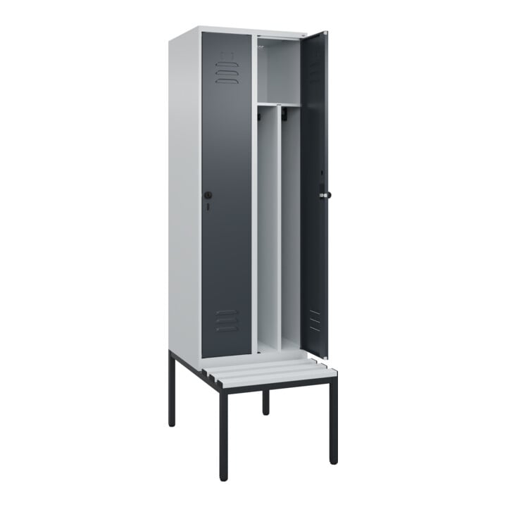 C+P Spind Classic PLUS, Bank, 2 Abteile, 2120x600x815mm, 7035/7016 Verschluss Sicherheits-Drehriegel 4 Garderobenhaken Trennwand mittig Dekor Banklatten RAL 7035 Lichtgrau Sitzbanktyp untergebaut