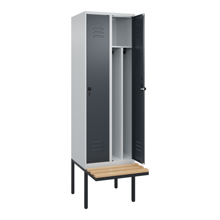 C+P Spind Classic PLUS, Bank, 2 Abteile, 2120x600x815mm, 7035/7016 Verschluss Sicherheits-Drehriegel 4 Garderobenhaken Trennwand mittig  Sitzbanktyp auskragend