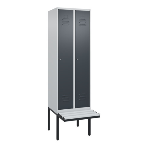 C+P Spind Classic PLUS, Bank, 2 Abteile, 2120x600x815mm, 7035/7016 Verschluss Zylinderschloss 3 Garderobenhaken  Dekor Banklatten RAL 7035 Lichtgrau Sitzbanktyp auskragend