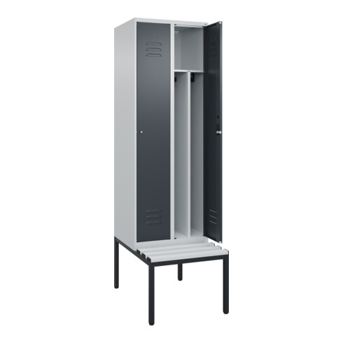 C+P Spind Classic PLUS, Bank, 2 Abteile, 2120x600x815mm, 7035/7016 Verschluss Zylinderschloss 4 Garderobenhaken Trennwand mittig Dekor Banklatten RAL 7035 Lichtgrau Sitzbanktyp untergebaut