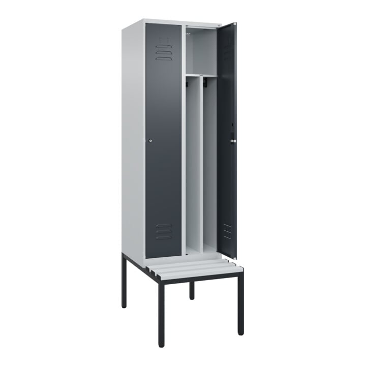 C+P Spind Classic PLUS, Bank, 2 Abteile, 2120x600x815mm, 7035/7016 Verschluss Zylinderschloss 4 Garderobenhaken Trennwand mittig Dekor Banklatten RAL 7035 Lichtgrau Sitzbanktyp untergebaut